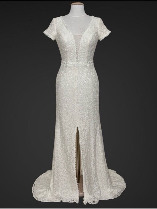 Galina Dresses & Skirts - Galina Womens Dress 6 Ivory Lace Illusion Deep V Neck Cap Sleeve Slit Wedding